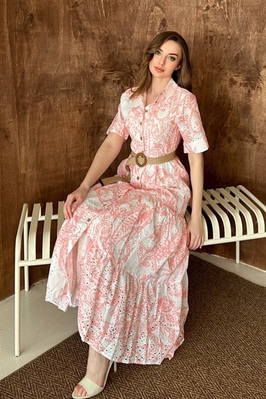 Pembe Brodeli Kolları Bağcıklı Elbise