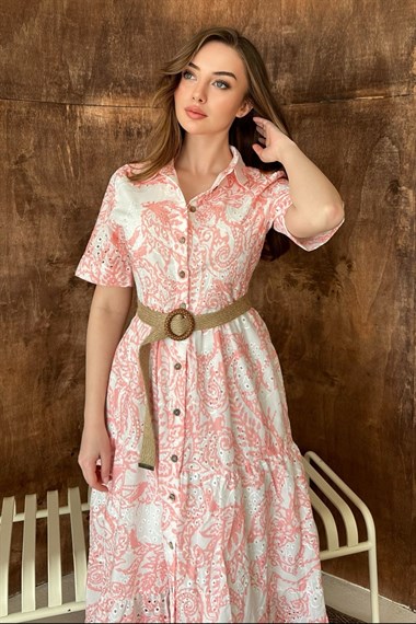 Pembe Brodeli Kolları Bağcıklı Elbise