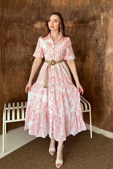 Pembe Brodeli Kolları Bağcıklı Elbise