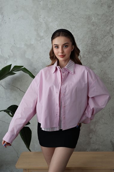 Pembe Çizgi Garnili Oversıze Gömlek