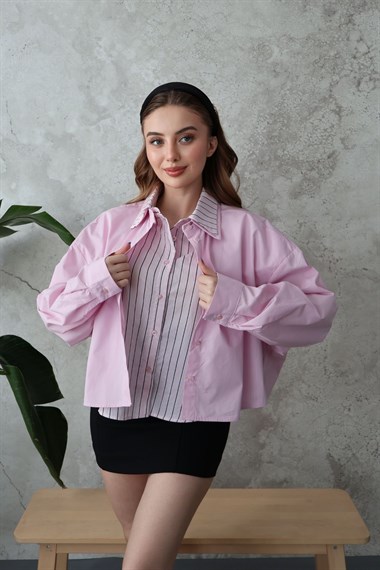 Pembe Çizgi Garnili Oversıze Gömlek