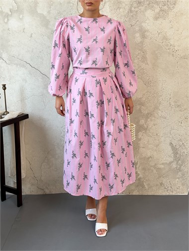 Pembe Çizgili Çiçekli Bluz Etek Takım