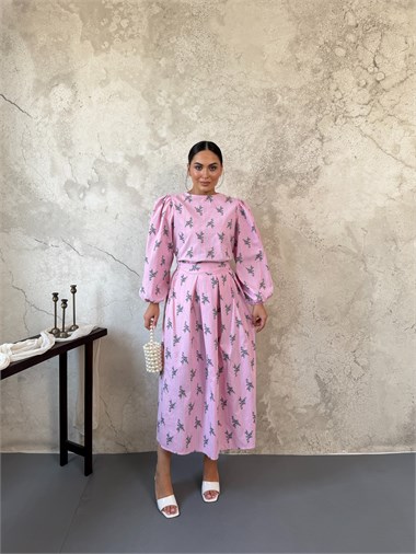 Pembe Çizgili Çiçekli Bluz Etek Takım