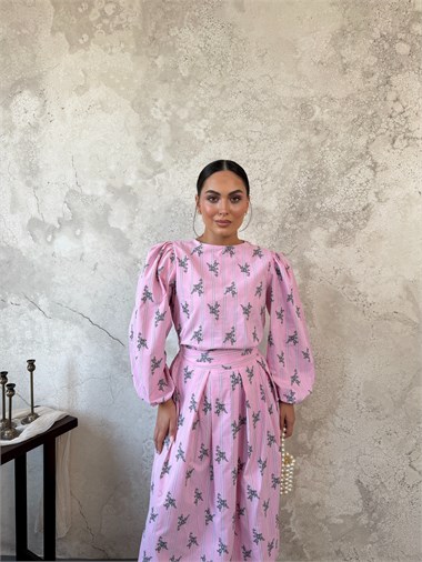 Pembe Çizgili Çiçekli Bluz Etek Takım