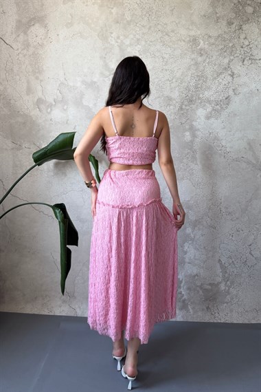 Pembe Dantel Bluz Ve Fırfırlı Etek Takım