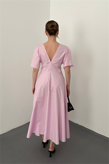 Pembe Düğmeli Midi Boy Poplin Elbise