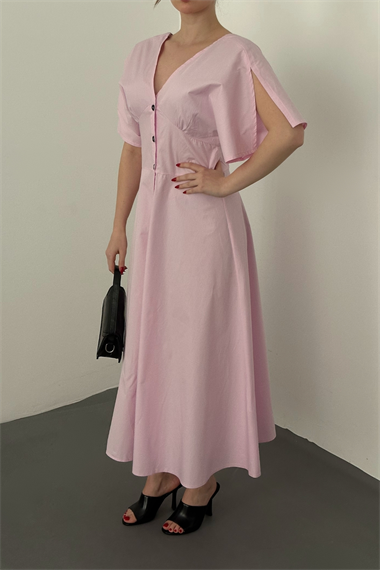 Pembe Düğmeli Midi Boy Poplin Elbise