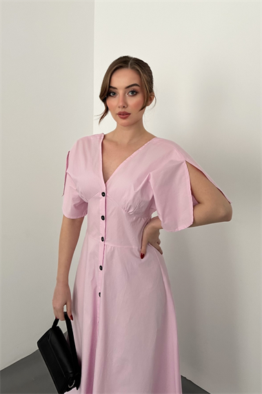 Pembe Düğmeli Midi Boy Poplin Elbise