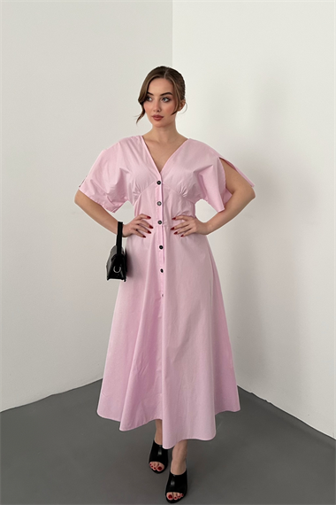 Pembe Düğmeli Midi Boy Poplin Elbise