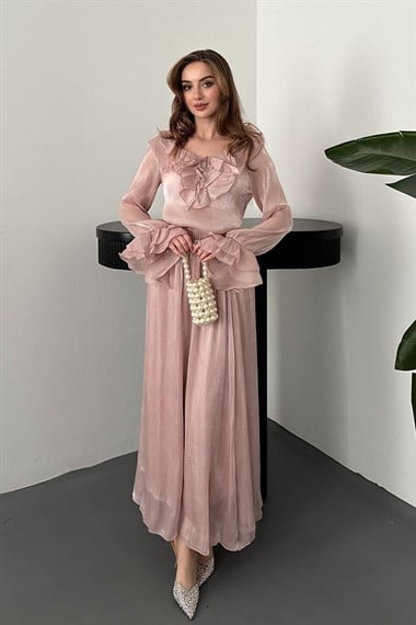 Pembe Fırfırlı Bluz Lastikli Etek Takım
