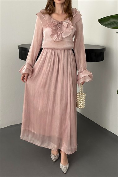 Pembe Fırfırlı Bluz Lastikli Etek Takım