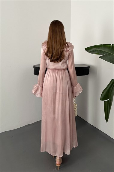 Pembe Fırfırlı Bluz Lastikli Etek Takım
