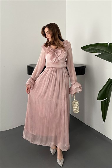Pembe Fırfırlı Bluz Lastikli Etek Takım