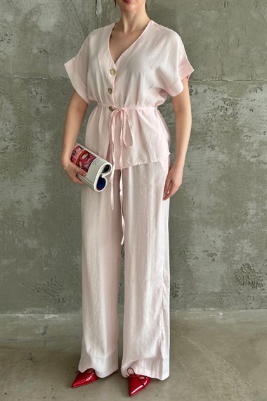 Pembe Gold Düğme Detaylı İkili Modal Takım