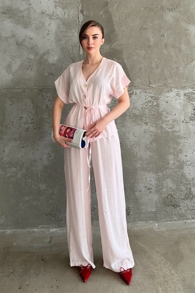 Pembe Gold Düğme Detaylı İkili Modal Takım