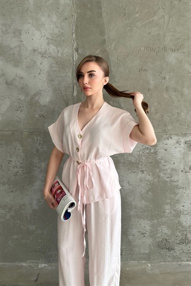 Pembe Gold Düğme Detaylı İkili Modal Takım
