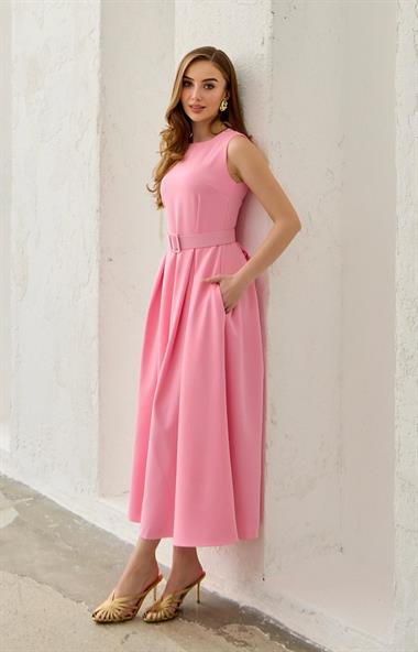 Pembe Halter Yaka Kloş Elbise