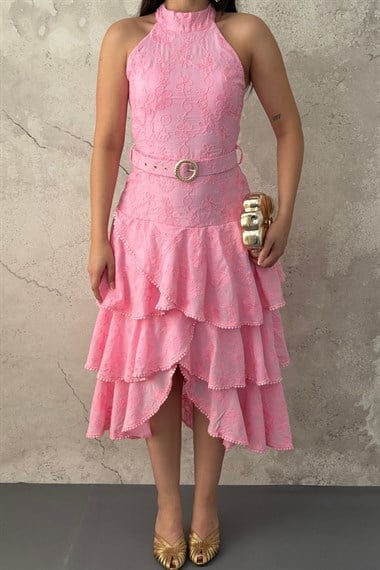 Pembe Kat Kat Volanlı Elbise