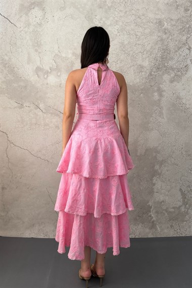 Pembe Kat Kat Volanlı Elbise