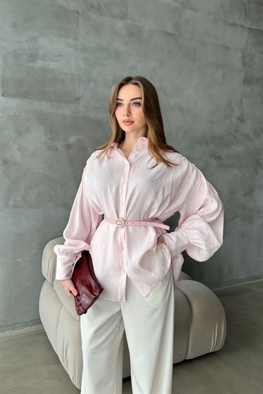 Pembe Kemer Ve Manşet Detaylı Modal Gömlek