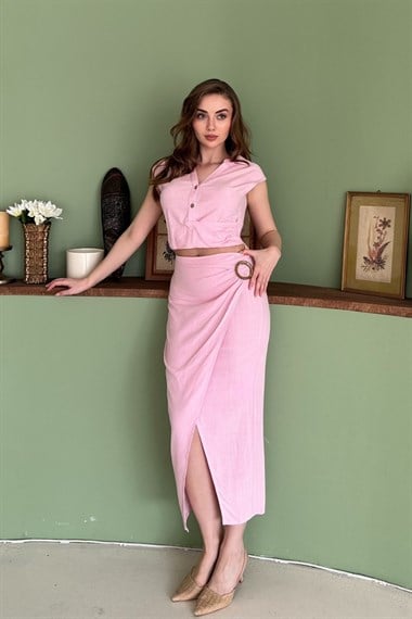 Pembe Keten Crop Bluz ve Yırtmaçlı Etek Takım