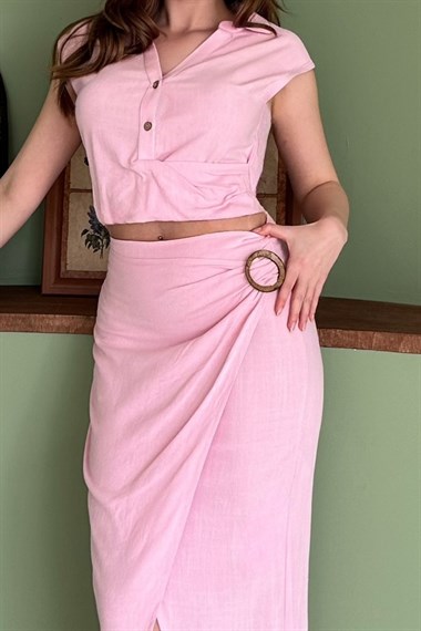 Pembe Keten Crop Bluz ve Yırtmaçlı Etek Takım