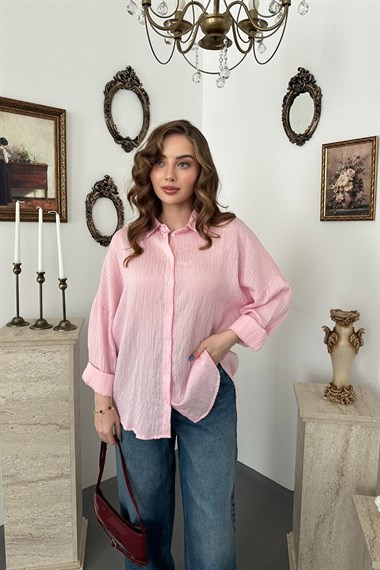 Pembe Nakışlı Oversize Gömlek