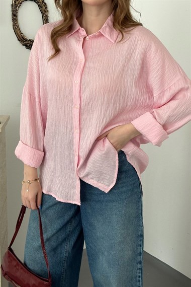 Pembe Nakışlı Oversize Gömlek
