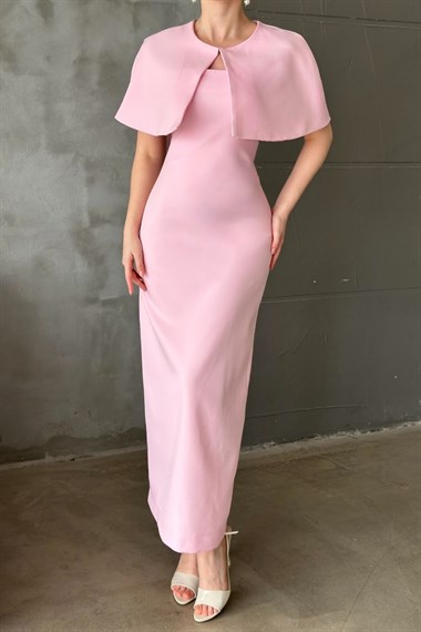 Pembe Pelerinli Straplez Elbise