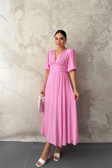 Pembe Puantiyeli Gipeli Elbise