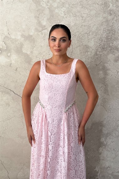 Pembe Taş detaylı dantel elbise