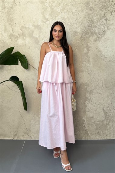 Pembe Volanlı Bluz Ve Etek Takım