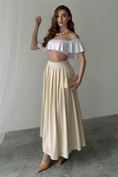 Bej Pile Detaylı Kloş Etek