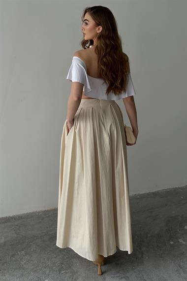 Bej Pile Detaylı Kloş Etek