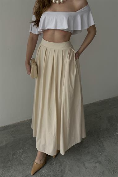 Bej Pile Detaylı Kloş Etek