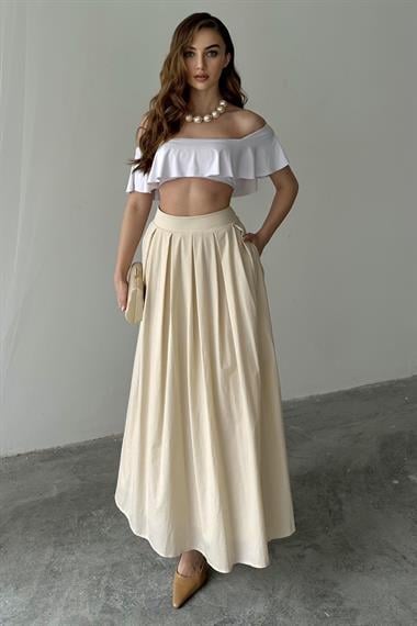 Bej Pile Detaylı Kloş Etek