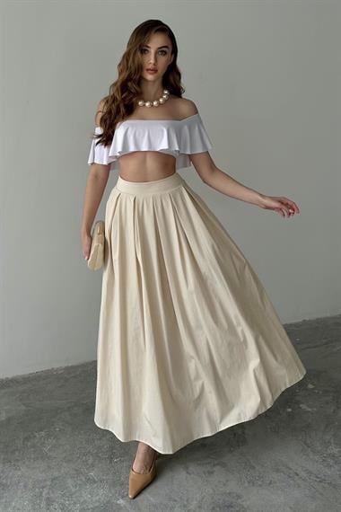 Bej Pile Detaylı Kloş Etek