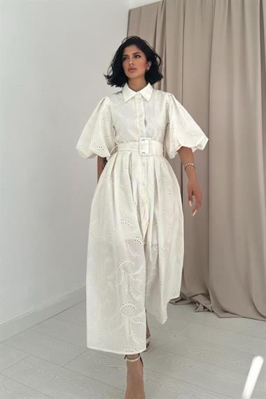 Ekru Balon Kollu Pileli Elbise