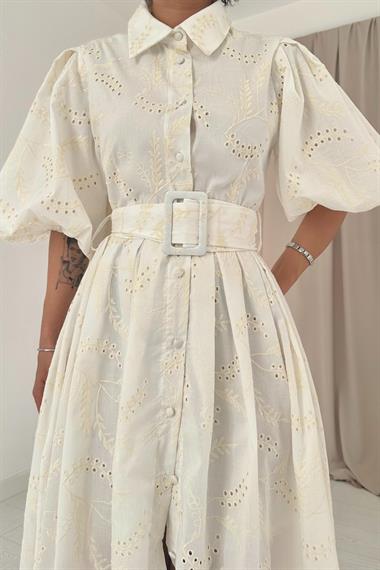 Ekru Balon Kollu Pileli Elbise