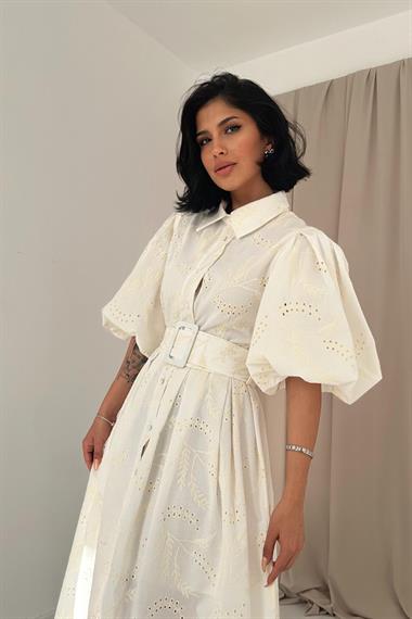 Ekru Balon Kollu Pileli Elbise