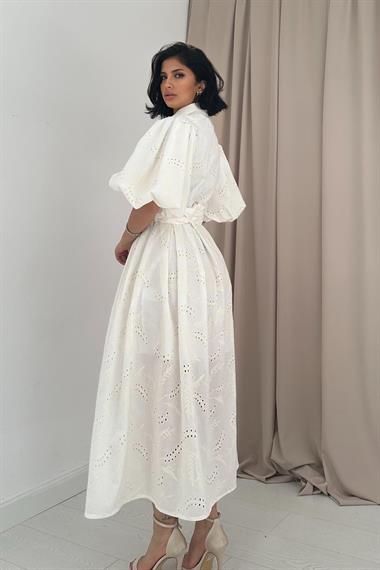 Ekru Balon Kollu Pileli Elbise