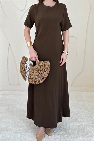 Kahverengi Pileli Bisiklet Yaka Elbise