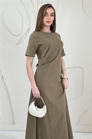 Haki Pileli Bisiklet Yaka Elbise