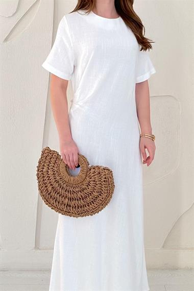 Beyaz Pileli Bisiklet Yaka Elbise