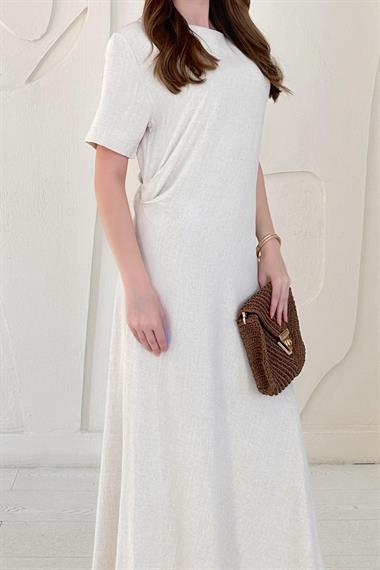 Bej Pileli Bisiklet Yaka Elbise