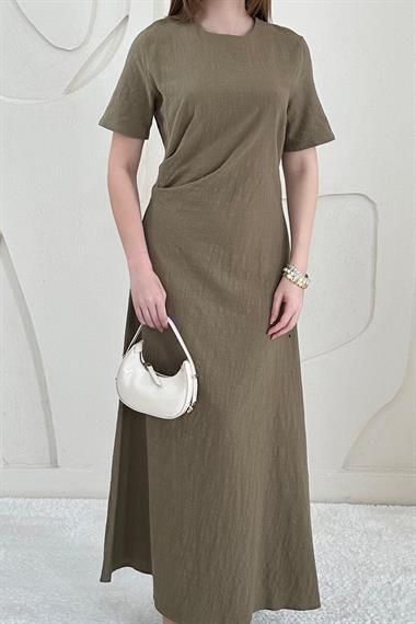 Haki Pileli Bisiklet Yaka Elbise