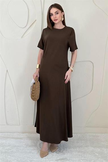 Kahverengi Pileli Bisiklet Yaka Elbise