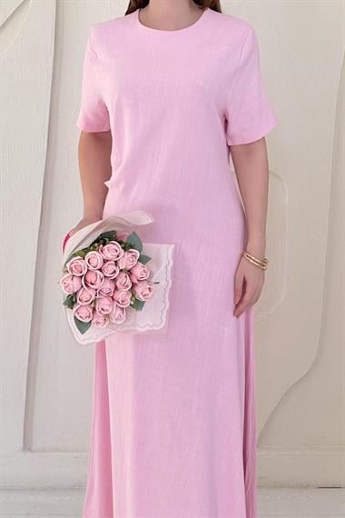 Pembe Pileli Bisiklet Yaka Elbise