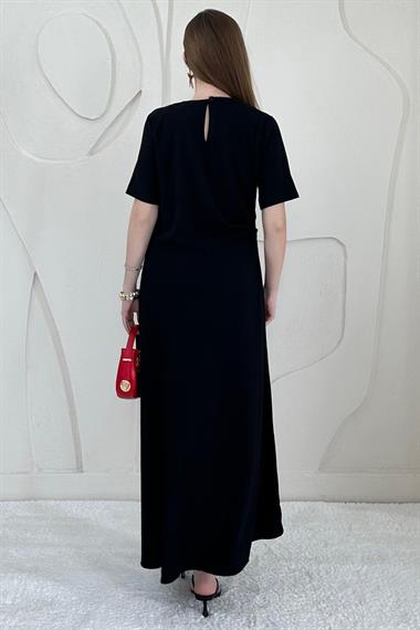Siyah Pileli Bisiklet Yaka Elbise