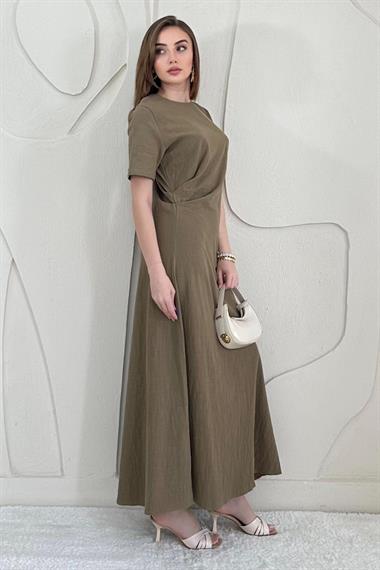 Haki Pileli Bisiklet Yaka Elbise